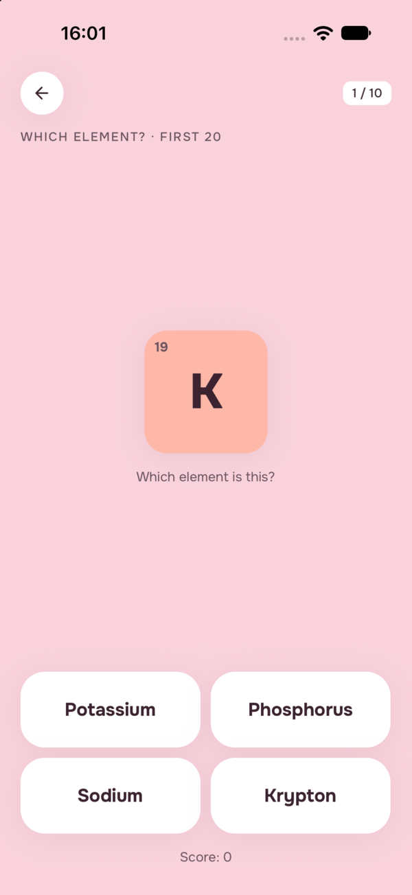 Welches Element ist das? Das Symbol K mit vier Namen zur Auswahl