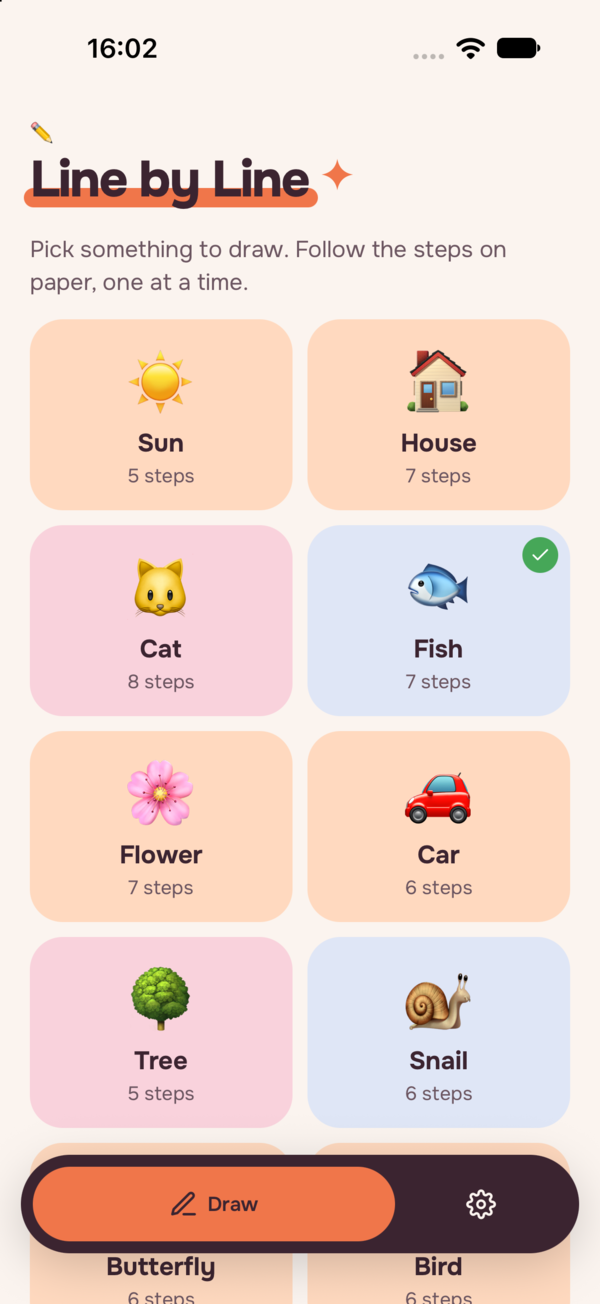 A lista de coisas para desenhar, em cartões coloridos