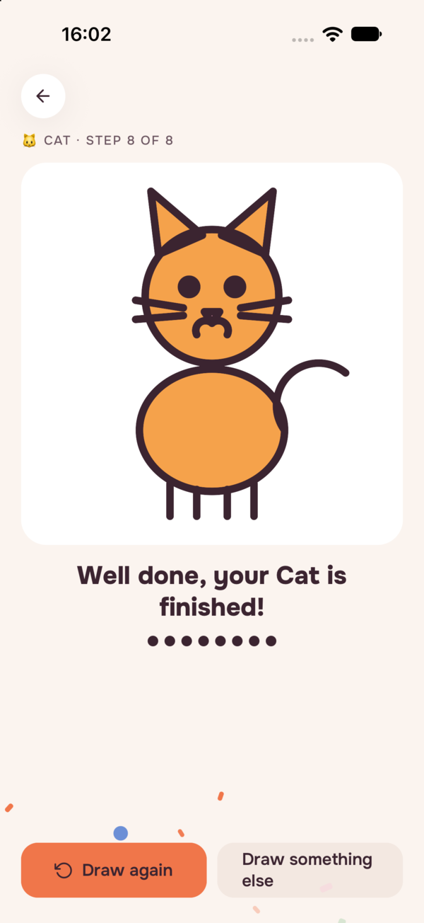 O gato terminado, a cores, com confetes