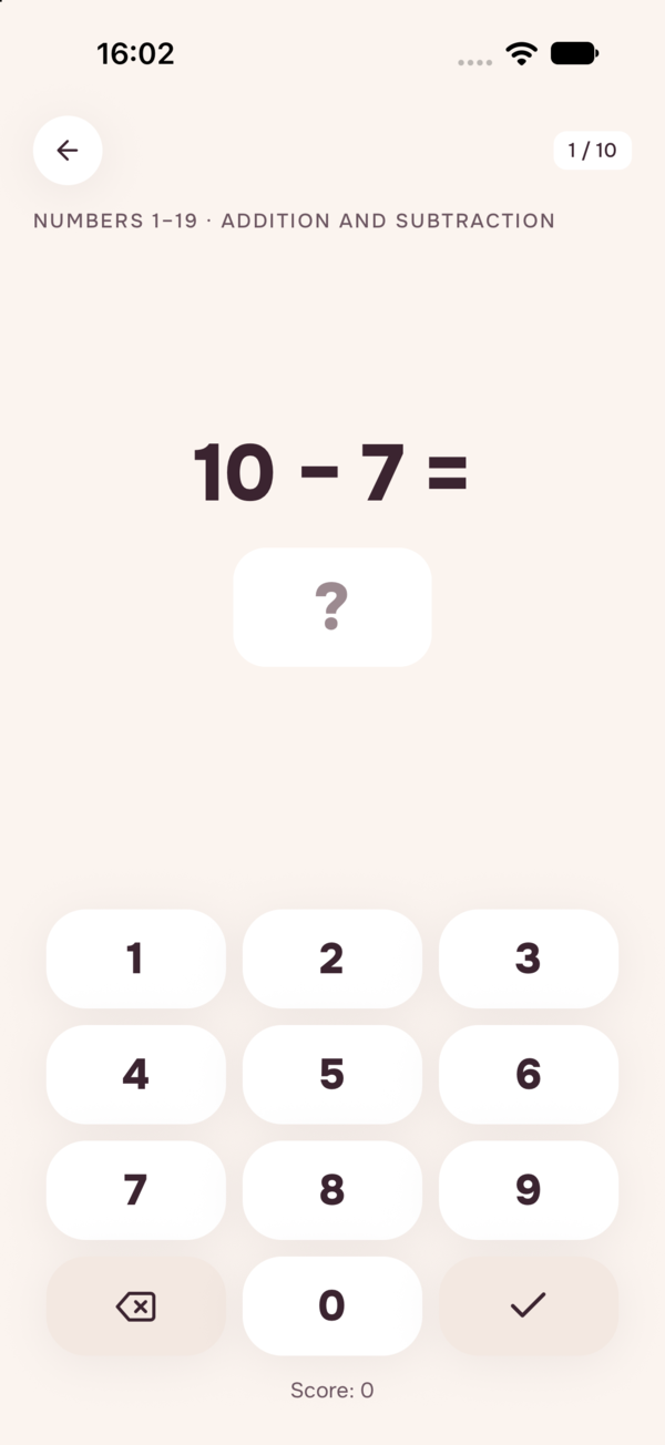 Eine Aufgabe, 10 minus 7, mit der Tastatur